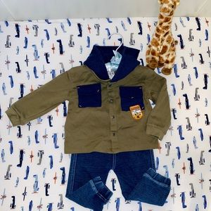 Guess Jeans Baby Boy Set Green Hooded Button Up Long Sleeve and Blue Jeans